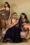 Reeti Arneja_Navy Georgette, Tissue Mirrors, Embroidery, Tassels Scoop Embellished Kurta Set _at_Aza_Fashions