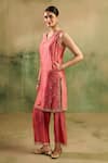Shop_Reeti Arneja_Pink Chanderi Embroidery, Zari V-neck Gulaabi Kurta And Pant Set _Online_at_Aza_Fashions
