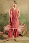 Buy_Reeti Arneja_Pink Chanderi Embroidery, Zari V-neck Gulaabi Kurta And Pant Set _at_Aza_Fashions