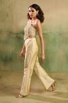 Shop_Reeti Arneja_Beige Chanderi Sequins, Beads, Embroidery, Zari Halter Tajniya Jacket Pant Set _Online_at_Aza_Fashions