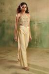 Reeti Arneja_Beige Chanderi Sequins, Beads, Embroidery, Zari Halter Tajniya Jacket Pant Set _at_Aza_Fashions
