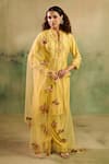 Buy_Reeti Arneja_Yellow Chanderi Embroidery, Applique Mandarin Collar Zard Kurta Pant Set _at_Aza_Fashions