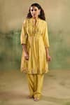 Buy_Reeti Arneja_Yellow Chanderi Embroidery, Applique Mandarin Collar Zard Kurta Pant Set _Online_at_Aza_Fashions