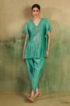 Buy_Reeti Arneja_Aqua Chanderi Mirrors, Embroidery V-neck Neelpari Kurta And Dhoti Pant Set _at_Aza_Fashions