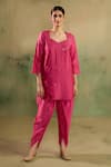 Buy_Reeti Arneja_Pink Chanderi Mirrors, Embroidery Notched Neck Rani Kurta And Dhoti Pant Set _at_Aza_Fashions