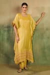 Reeti Arneja_Yellow Chanderi Mirrors, Embroidery Square Neck Hunar Kurta And Pant Set _at_Aza_Fashions