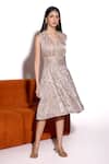 Buy_Tara And I_Ivory Organza V-neck Ruched Bodice Midi Dress _at_Aza_Fashions