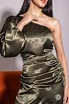 Buy_Tara And I_Olive Green Satin One Shoulder Aurora Ruched Top _Online_at_Aza_Fashions