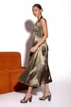 Tara And I_Olive Green Satin Halter Neck Ruched Midi Dress _Online_at_Aza_Fashions