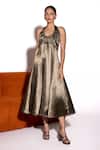 Buy_Tara And I_Olive Green Satin Halter Neck Ruched Midi Dress _at_Aza_Fashions