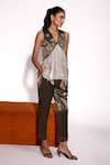Shop_Tara And I_Olive Green Satin, Organza Embroidery V-neck Pleated Peplum Top _at_Aza_Fashions
