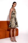 Tara And I_Olive Green Satin Embroidery, Metallic Thread Aurora Floral Motif Short Dress _Online_at_Aza_Fashions