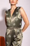 Shop_Tara And I_Olive Green Satin Embroidery V-neck Embellished Sleeveless Jumpsuit _Online_at_Aza_Fashions