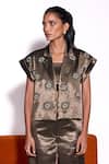 Tara And I_Olive Green Satin Embroidery V-neck Aurora Jacket _Online_at_Aza_Fashions