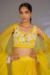 Ewoke_Yellow Georgette, Satin Pearls, Embroidery Sweetheart Neck, Cuff Cape Skirt Set _at_Aza_Fashions