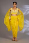 Buy_Ewoke_Yellow Georgette, Satin Pearls, Embroidery Sweetheart Neck, Cuff Cape Skirt Set _at_Aza_Fashions