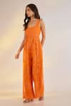 Ewoke_Orange Organza Embroidery, Beads Square Neck Jumpsuit _Online_at_Aza_Fashions