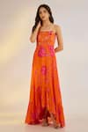 Buy_Ewoke_Orange Georgette, Satin Embroidery, Beads Square Neck Ruffle Dress _at_Aza_Fashions