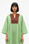 Neora By Nehal Chopra_Green Twill V-neck Colorblock Midi Dress _at_Aza_Fashions