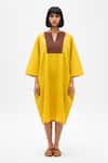 Buy_Neora By Nehal Chopra_Yellow Twill V-neck Color Block Midi Dress _at_Aza_Fashions