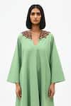 Neora By Nehal Chopra_Green Twill Beads V-neck Collar Embroidered Dress _at_Aza_Fashions