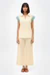 Buy_Neora By Nehal Chopra_Ivory Twill Studs, Piping Collared, V-neck Colorblock Top And Pant Set _at_Aza_Fashions