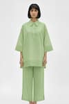Buy_Neora By Nehal Chopra_Green Twill Stones, Embroidery Collared, Button-down Asparagus Top And Pant Set _at_Aza_Fashions