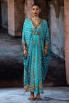Rajdeep Ranawat_Turquoise Silk Embroidery, Beads V-neck Bethari Imama Kaftan _Online_at_Aza_Fashions