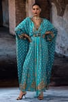 Buy_Rajdeep Ranawat_Turquoise Silk Embroidery, Beads V-neck Bethari Imama Kaftan _at_Aza_Fashions