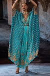 Shop_Rajdeep Ranawat_Turquoise Silk Embroidery, Beads V-neck Bethari Imama Kaftan _Online_at_Aza_Fashions