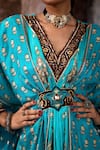 Rajdeep Ranawat_Turquoise Silk Embroidery, Beads V-neck Bethari Imama Kaftan _at_Aza_Fashions