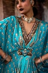 Buy_Rajdeep Ranawat_Turquoise Silk Embroidery, Beads V-neck Bethari Imama Kaftan 