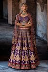 Buy_Rajdeep Ranawat_Purple Dupion, Lycra, Silk Foil Printing V-neck Bethari Leela Printed Skirt Set _at_Aza_Fashions