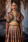 Rajdeep Ranawat_Purple Sequins, Foil Printing V-neck Bethari Neerja Leela Skirt With Top _at_Aza_Fashions