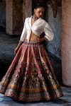 Buy_Rajdeep Ranawat_Red Dupion, Polyester Embroidery V-neck Bethari Rubali Leela Skirt With Top _at_Aza_Fashions
