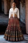 Shop_Rajdeep Ranawat_Red Dupion, Polyester Embroidery V-neck Bethari Rubali Leela Skirt With Top _at_Aza_Fashions