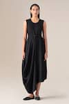 Ampm Black Wool Round Neck Bria Asymmetric Draped Dress With Belt Online at Aza Fashions Ampm_Black Wool Round Neck Bria Asymmetric Draped Dress With Belt _Online_at_Aza_Fashions