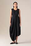 Buy Ampm Black Wool Round Neck Bria Asymmetric Draped Dress With Belt at Aza Fashions Buy_Ampm_Black Wool Round Neck Bria Asymmetric Draped Dress With Belt _at_Aza_Fashions