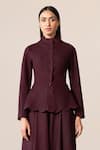 Buy_Ampm_Burgundy Wool Cut Work, Embroidery High Neck Medha Peplum Jacket And Palazzo Set _Online_at_Aza_Fashions