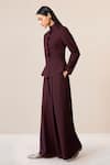 Ampm_Burgundy Wool Cut Work, Embroidery High Neck Medha Peplum Jacket And Palazzo Set _at_Aza_Fashions