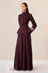 Buy_Ampm_Burgundy Wool Cut Work, Embroidery High Neck Medha Peplum Jacket And Palazzo Set _at_Aza_Fashions