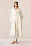 Ampm_Ivory Wool Embroidery, Cut Work Cowl Neck Seba Scalloped Hem Draped Jacket _Online_at_Aza_Fashions