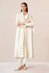 Shop_Ampm_Ivory Wool Embroidery, Cut Work Cowl Neck Seba Scalloped Hem Draped Jacket _at_Aza_Fashions