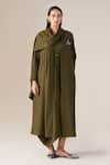 Shop_Ampm_Olive Green Wool Embroidery, Brooches Shawl Neck Keisha Draped Jacket _at_Aza_Fashions