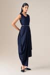 Buy_Ampm_Navy Wool V-neck Arzu Asymmetric Draped Dress With Belt _Online_at_Aza_Fashions
