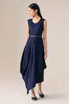 Shop_Ampm_Navy Wool V-neck Arzu Asymmetric Draped Dress With Belt _Online_at_Aza_Fashions