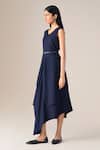 Ampm_Navy Wool V-neck Arzu Asymmetric Draped Dress With Belt _at_Aza_Fashions