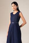 Shop_Ampm_Navy Wool V-neck Arzu Asymmetric Draped Dress With Belt 