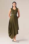 Ampm_Olive Green Wool Round Neck Arzu Asymmetric Draped Dress With Belt _Online_at_Aza_Fashions