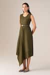 Buy_Ampm_Olive Green Wool Round Neck Arzu Asymmetric Draped Dress With Belt _Online_at_Aza_Fashions